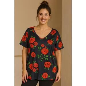 Emery Rose Womens Gray Green Orange  Floral V- Neck Blouse, 4XL